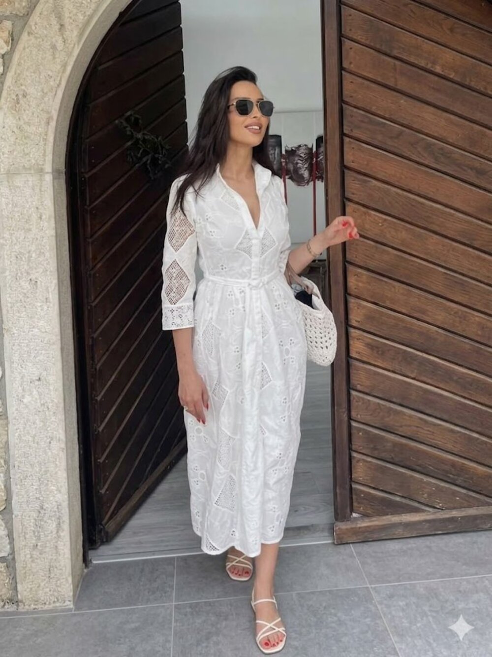 Zara White Eyelet Lace Belted Midi Shirt Dress M - Picture 3 of 14